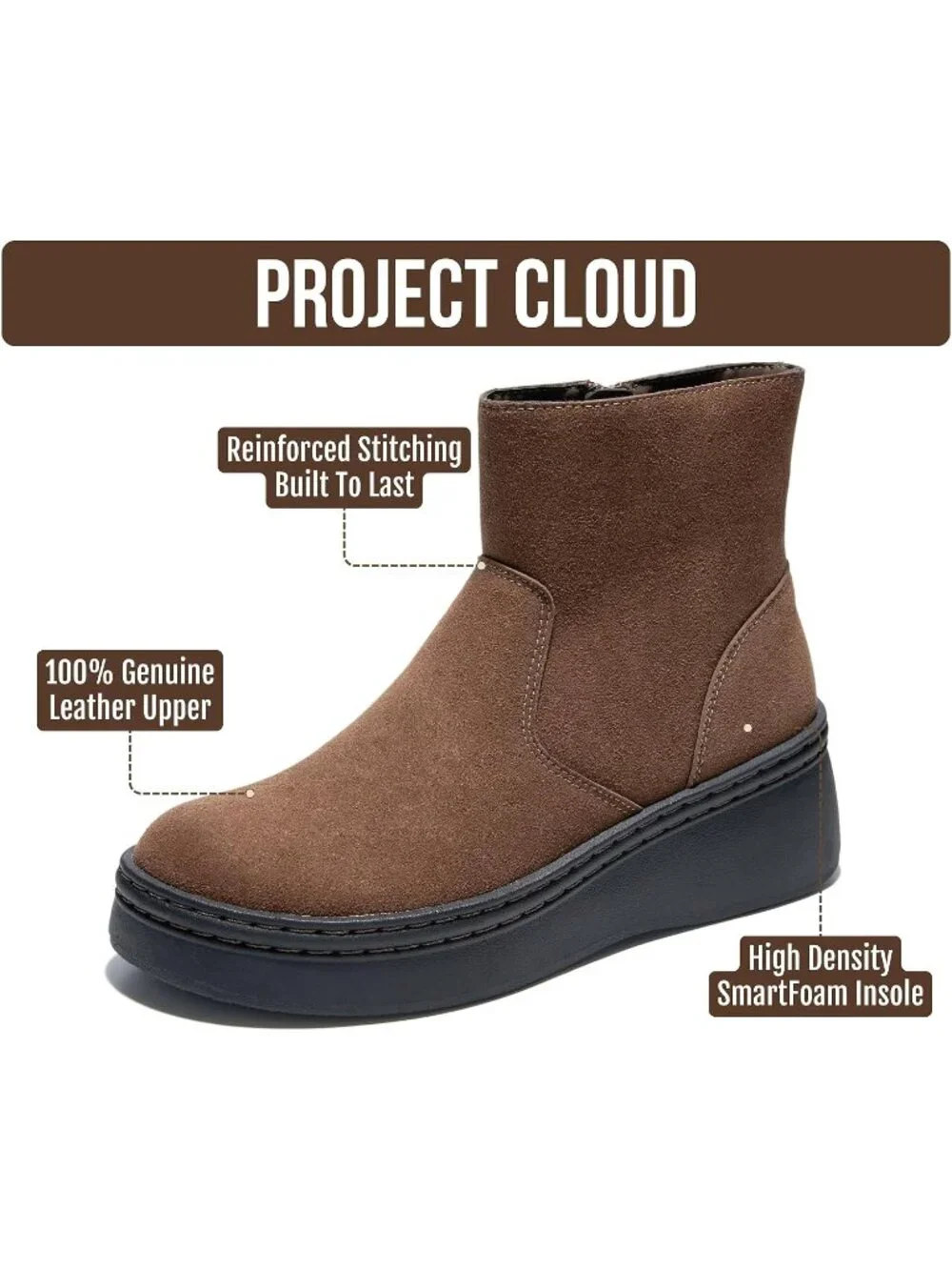 Women's Chocolate Suede Round Toe Comfortable Inside Zipper Platform Ankle Boots